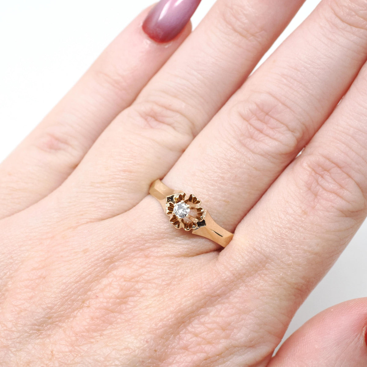 Vintage Diamond Ring - Mid Century 14k Yellow Gold Natural .08 CT Buttercup Solitaire - Circa 1950s Size 7.75 Knife Edge Flower Fine Jewelry