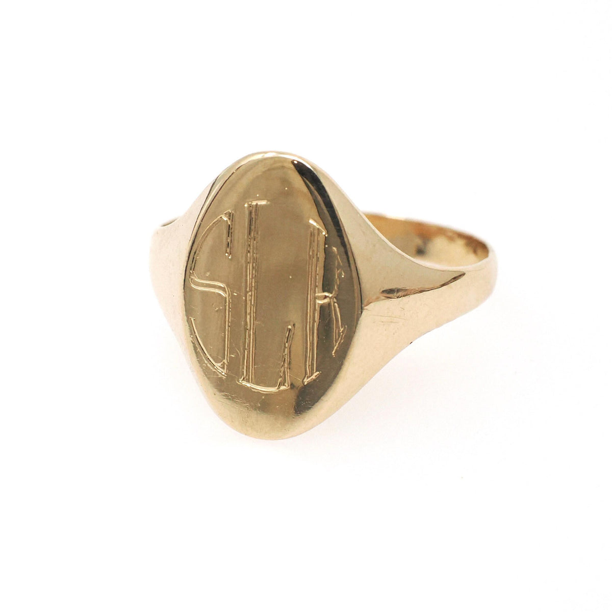 Letters "SLR" Signet Ring - Contemporary 14k Yellow Gold Oval Monogram Initials - Circa 2000's Era Size 7 Engraved Minimalist Fine Jewelry
