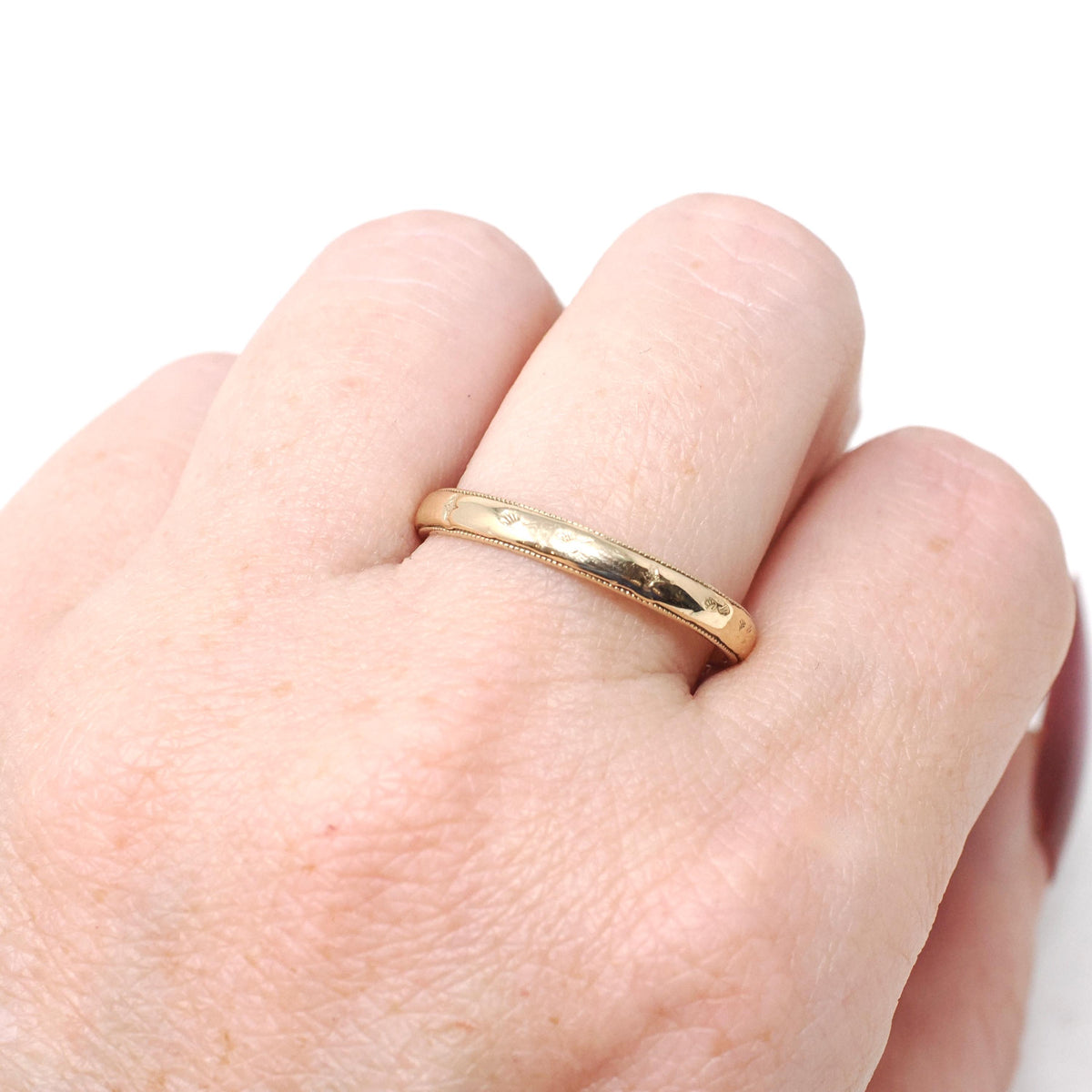 Vintage Eternity Band - Art Deco 14k Yellow Gold 3.0 mm Orange Blossom Milgrain Engraved Ring - Circa 1930s Size 9 3/4 Fine Bridal Jewelry