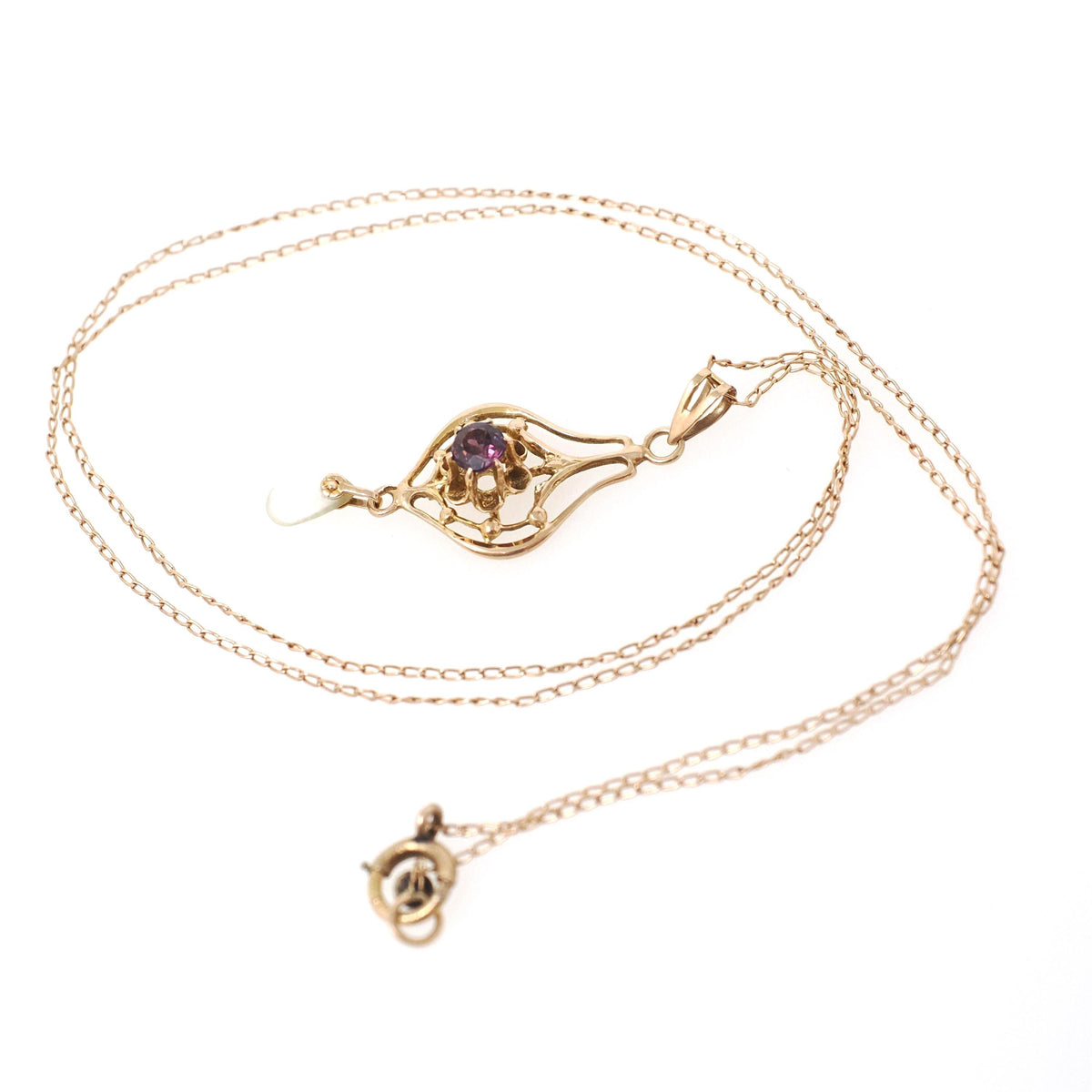Vintage Lavalier Necklace - Edwardian 10k Yellow Gold Pearl Pendant Charm - Antique Circa 1910s Era Purple Garnet Glass Doublet Fine Jewelry