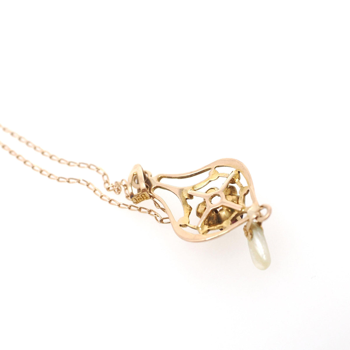 Vintage Lavalier Necklace - Edwardian 10k Yellow Gold Pearl Pendant Charm - Antique Circa 1910s Era Purple Garnet Glass Doublet Fine Jewelry