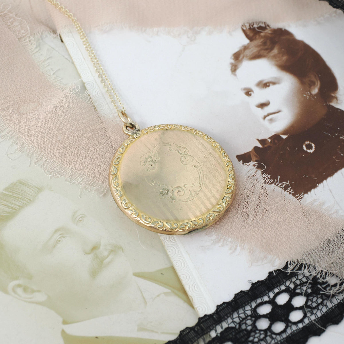 Antique Flower Locket - Edwardian Gold Filled Engraved Designs Pinstripe Pendant Necklace - Circa 1910s Era Round Keepsake Statement Jewelry