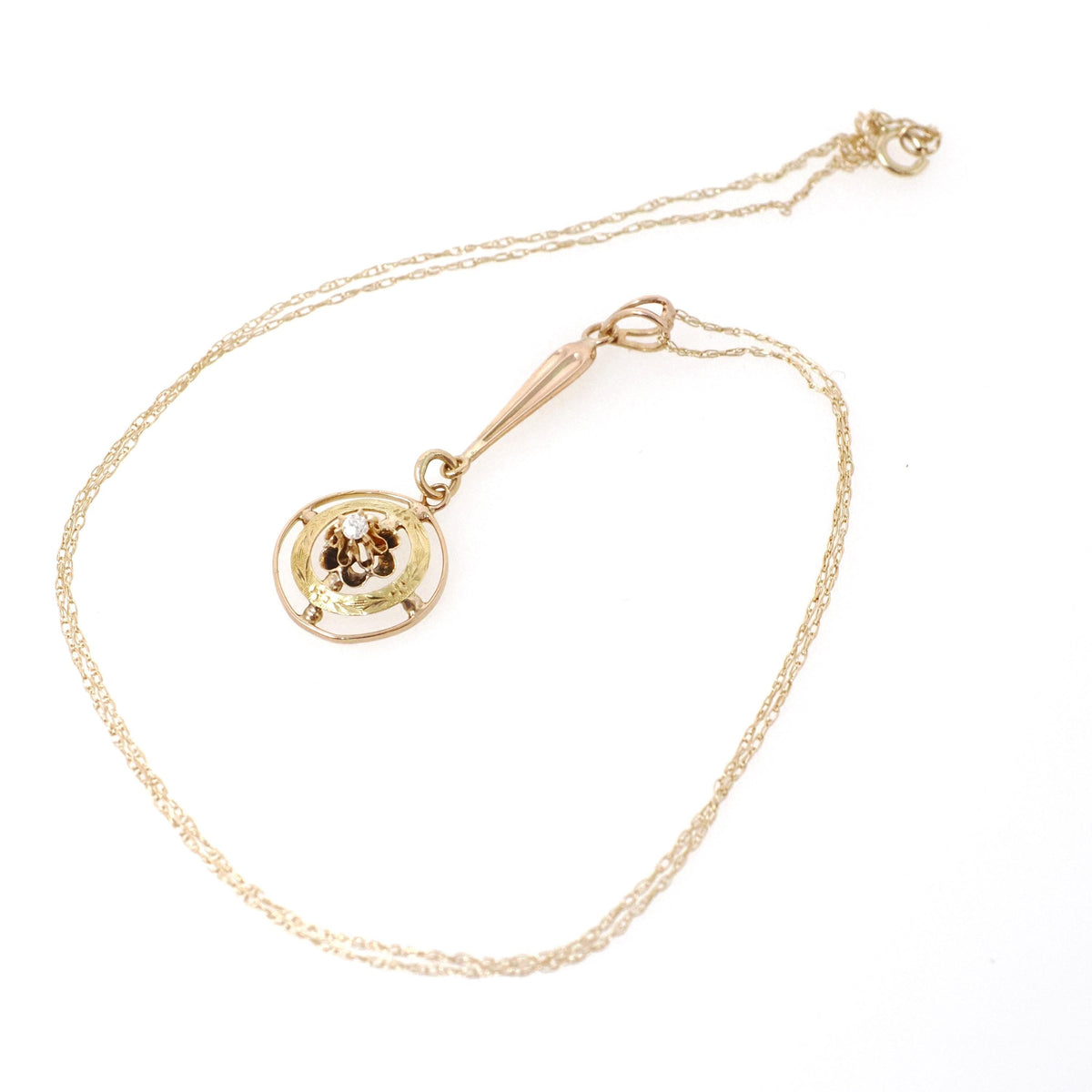Antique Diamond Pendant - Edwardian 10k Yellow Gold .02 CT Lavalier Necklace - Circa 1910s Buttercup Flower Fine April Birthstone Jewelry