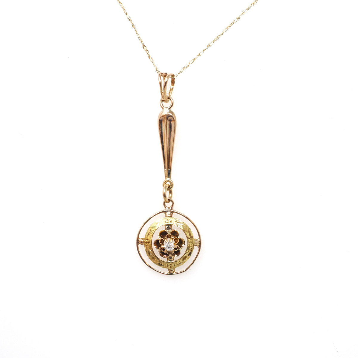 Antique Diamond Pendant - Edwardian 10k Yellow Gold .02 CT Lavalier Necklace - Circa 1910s Buttercup Flower Fine April Birthstone Jewelry