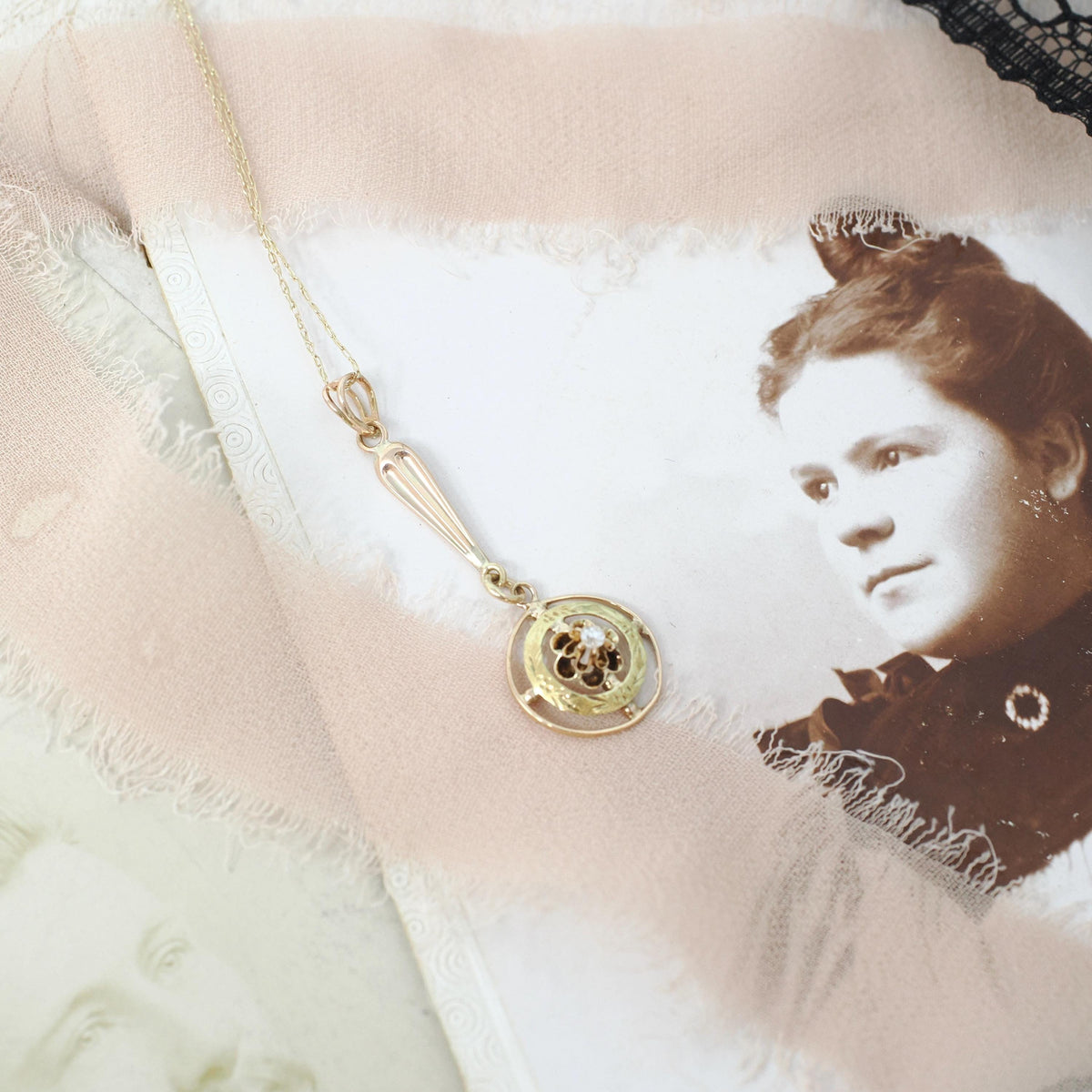 Antique Diamond Pendant - Edwardian 10k Yellow Gold .02 CT Lavalier Necklace - Circa 1910s Buttercup Flower Fine April Birthstone Jewelry