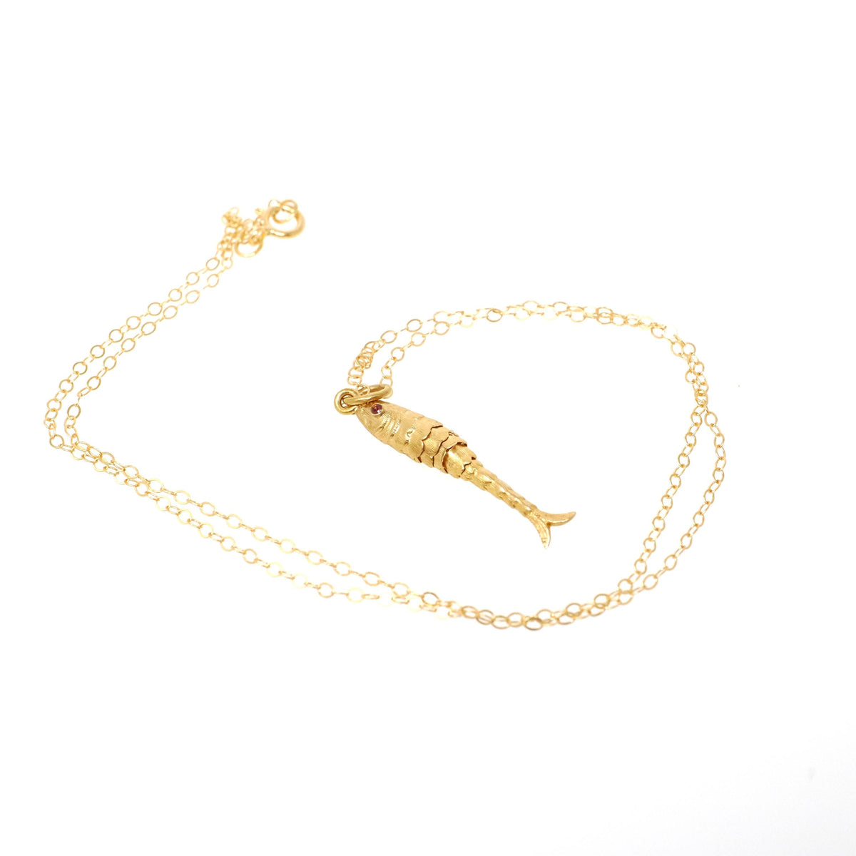 Articulated Fish Pendant - Modernist 15k Yellow Gold Figural Kinetic Charm Necklace - Vintage Circa 1970s Era Moving Animal Fine Jewelry