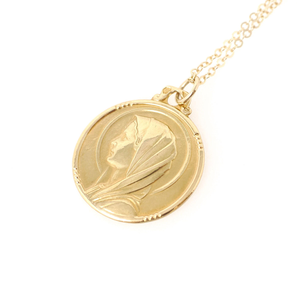 Vintage Charm Necklace - Estate 18k Yellow Gold Round Religious Faith Pendant - Bold Gold 1980s Blessed Virgin Mother Mary Fine Jewelry