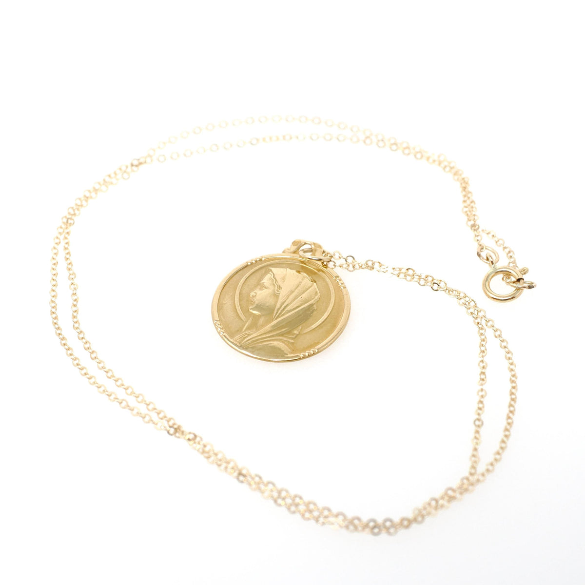 Vintage Charm Necklace - Estate 18k Yellow Gold Round Religious Faith Pendant - Bold Gold 1980s Blessed Virgin Mother Mary Fine Jewelry