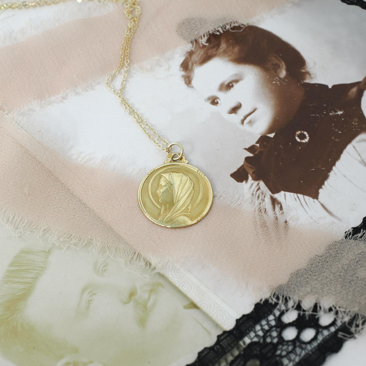 Vintage Charm Necklace - Estate 18k Yellow Gold Round Religious Faith Pendant - Bold Gold 1980s Blessed Virgin Mother Mary Fine Jewelry