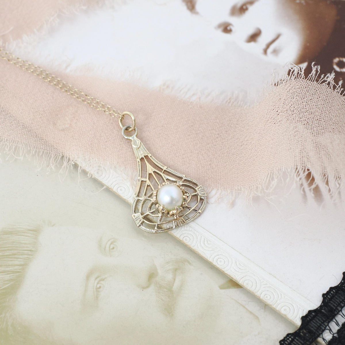 Antique Lavalier Pendant - Art Deco 9k Yellow Gold Organic Akoya Cultured 5MM Pearl Necklace - Circa 1920s Era Fine June Birthstone Jewelry