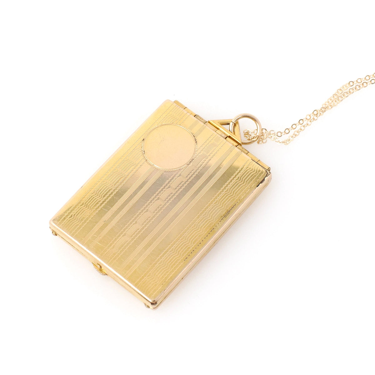 Art Deco Locket - Vintage Gold Filled Rectangular Pinstripe Designs Pendant Necklace - Circa 1930s Era Photograph Statement Fob Jewelry
