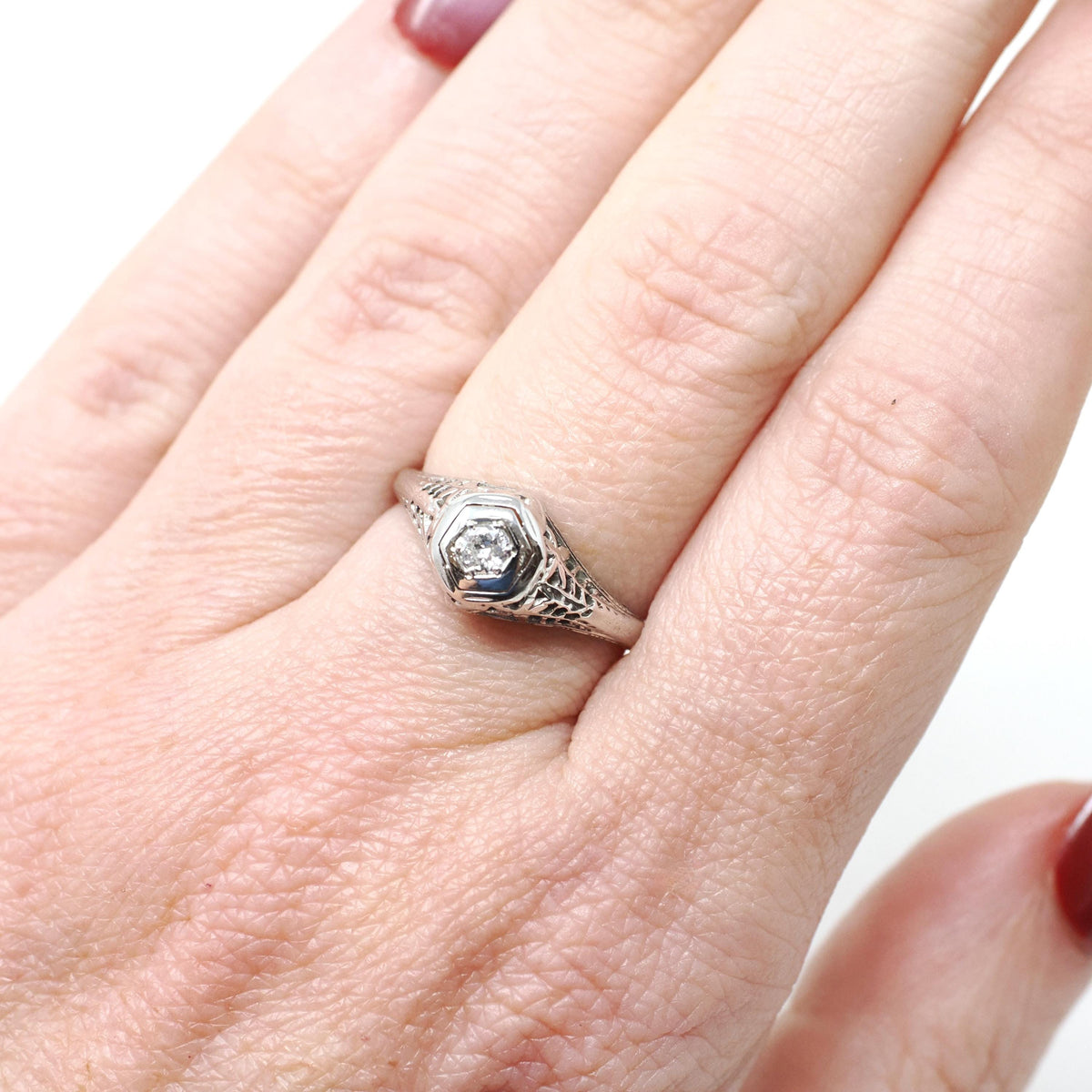 Vintage Diamond Ring - Art Deco 18k White Gold Natural .10 CT Transitional Brilliant Hex Engagement - Circa 1930s Size 5 Fine Bridal Jewelry