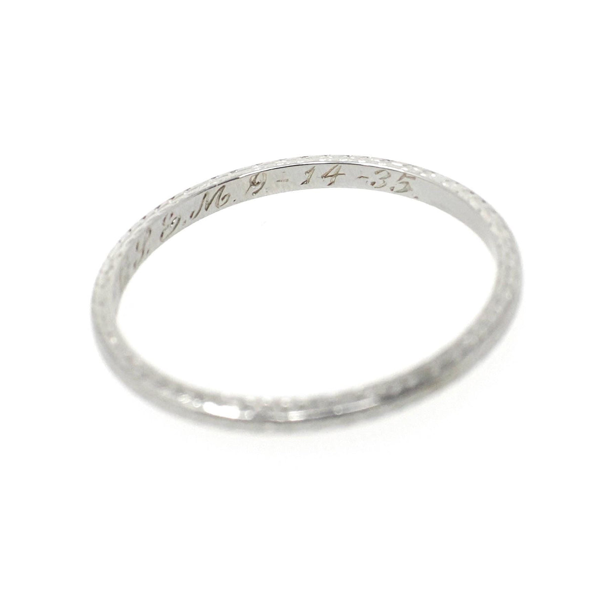 Art Deco Wedding Ring - Vintage 18k White Gold Eternity Engraved Band - Dated 1935 JRK SEM Initials Size 5.5 Stacking Bridal Fine Jewelry