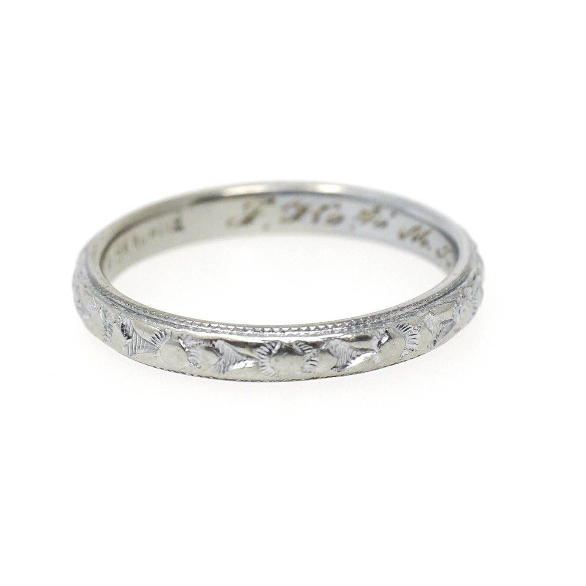 Art Deco Wedding Band - Antique 18k White Gold Orange Blossom 2.9 MM Eternity Ring - Circa 1920s Era Size 6 3/4 Engraved Bridal Fine Jewelry