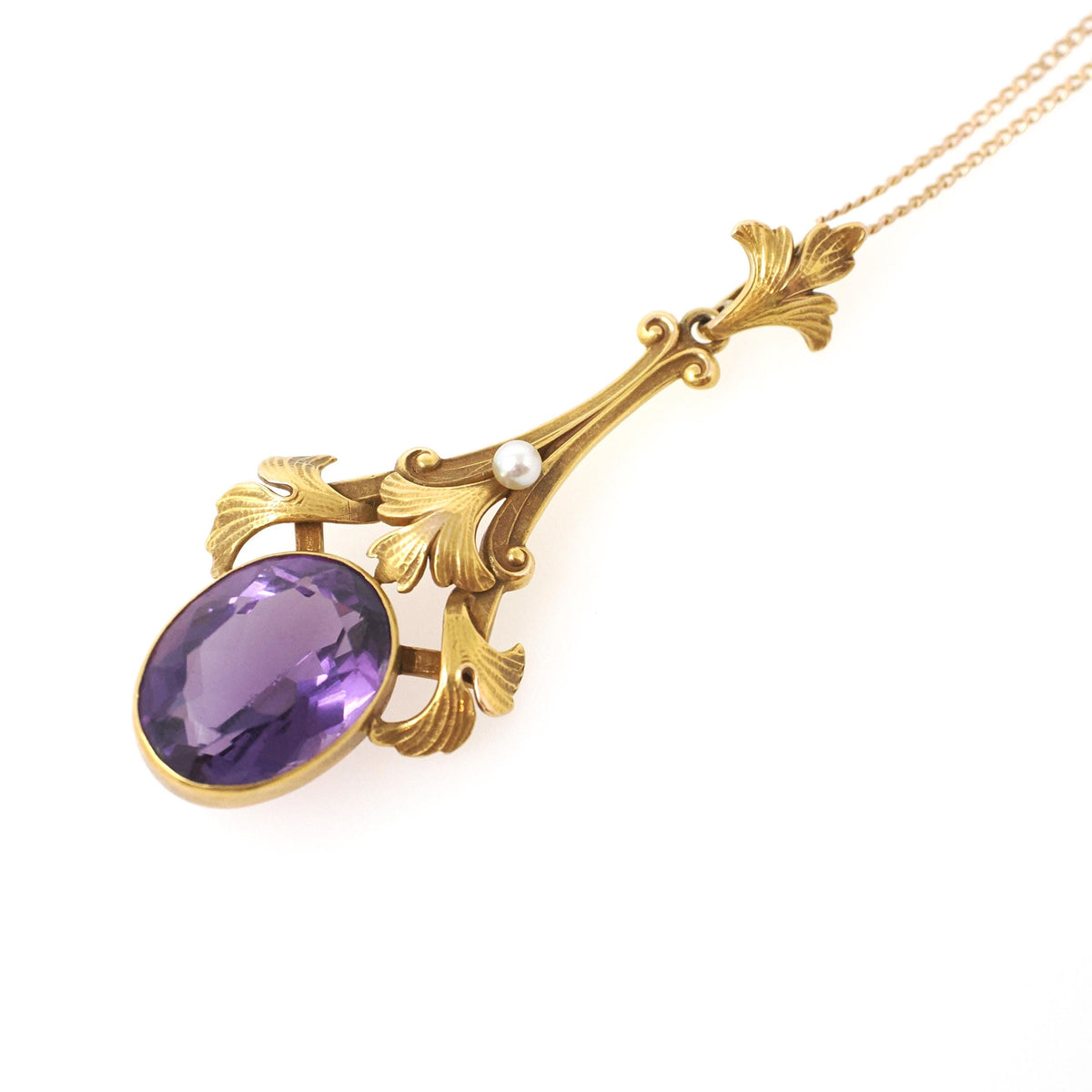 Antique Amethyst Lavalier - Edwardian Era 14k Yellow Gold Natural 5.49 CT Purple Gemstone - Circa 1910s Charm Necklace Pendant Fine Jewelry
