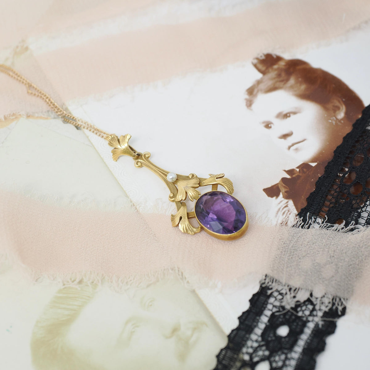 Antique Amethyst Lavalier - Edwardian Era 14k Yellow Gold Natural 5.49 CT Purple Gemstone - Circa 1910s Charm Necklace Pendant Fine Jewelry