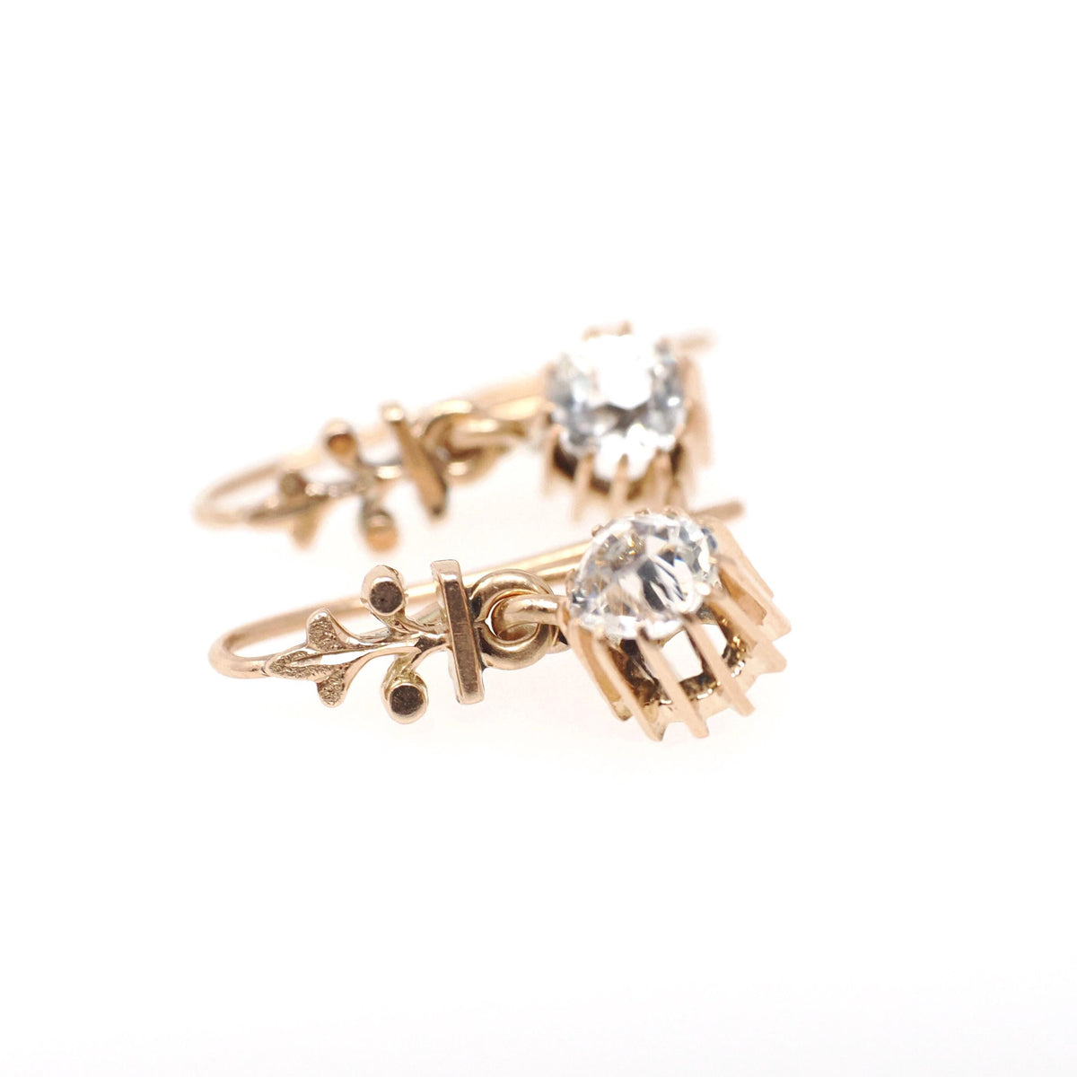 Victorian Paste Earrings - Antique 10k Rosy Yellow Gold Dangle Drops - Circa 1890s Era Faceted Old Mine Clear Glass Candlelight Fine Jewelry