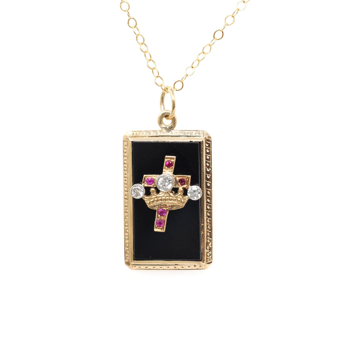 Crown & Cross Pendant - Vintage Retro Era 14k Yellow Gold Freemasonry Charm Necklace - Circa 1940s Victorian Revival Symbol Fine Jewelry