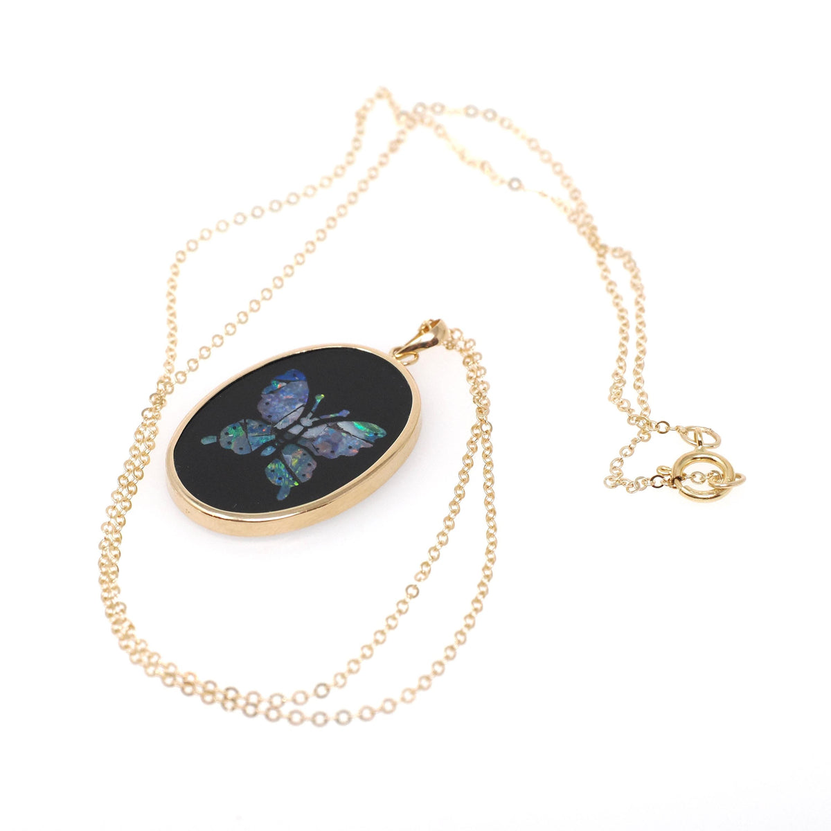 Vintage Butterfly Pendant - Contemporary 14K Yellow Gold Black Glass Mosaic Opal Inlay Charm - Estate Circa 2000s Wing Necklace Fine Jewelry