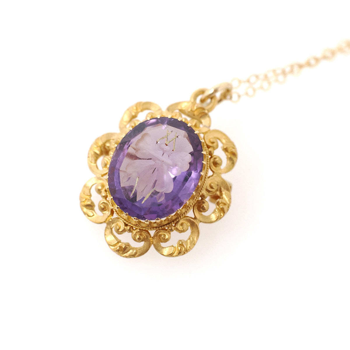Antique Butterfly Amethyst Pendant - Victorian 14k Yellow Gold Natural Carved Purple Gem Necklace - Vintage 1890s Brooch Charm Fine Jewelry