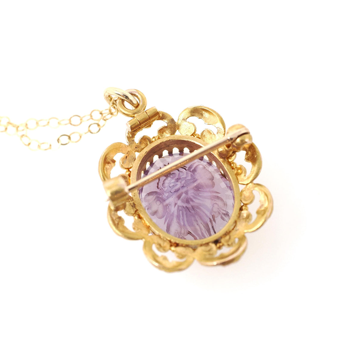 Antique Butterfly Amethyst Pendant - Victorian 14k Yellow Gold Natural Carved Purple Gem Necklace - Vintage 1890s Brooch Charm Fine Jewelry