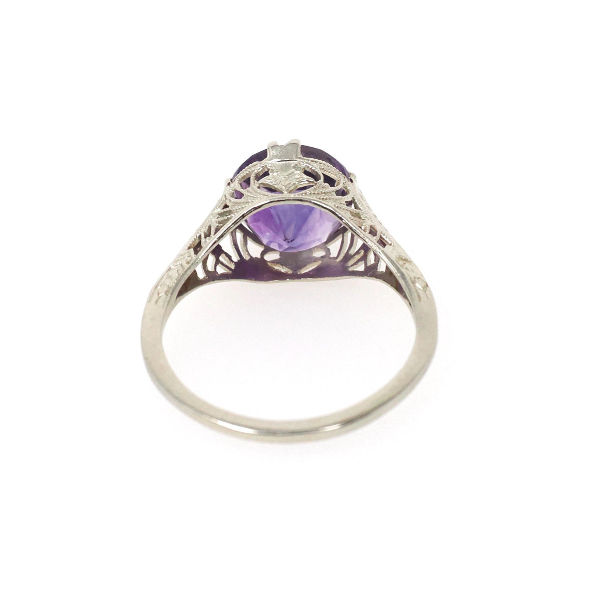 Amethyst Filigree Ring - Art Deco 14k White Gold Round Faceted 2.29 CT Purple Gemstone Solitaire - Circa 1930s Era Size 5 3/4 Fine Jewelry