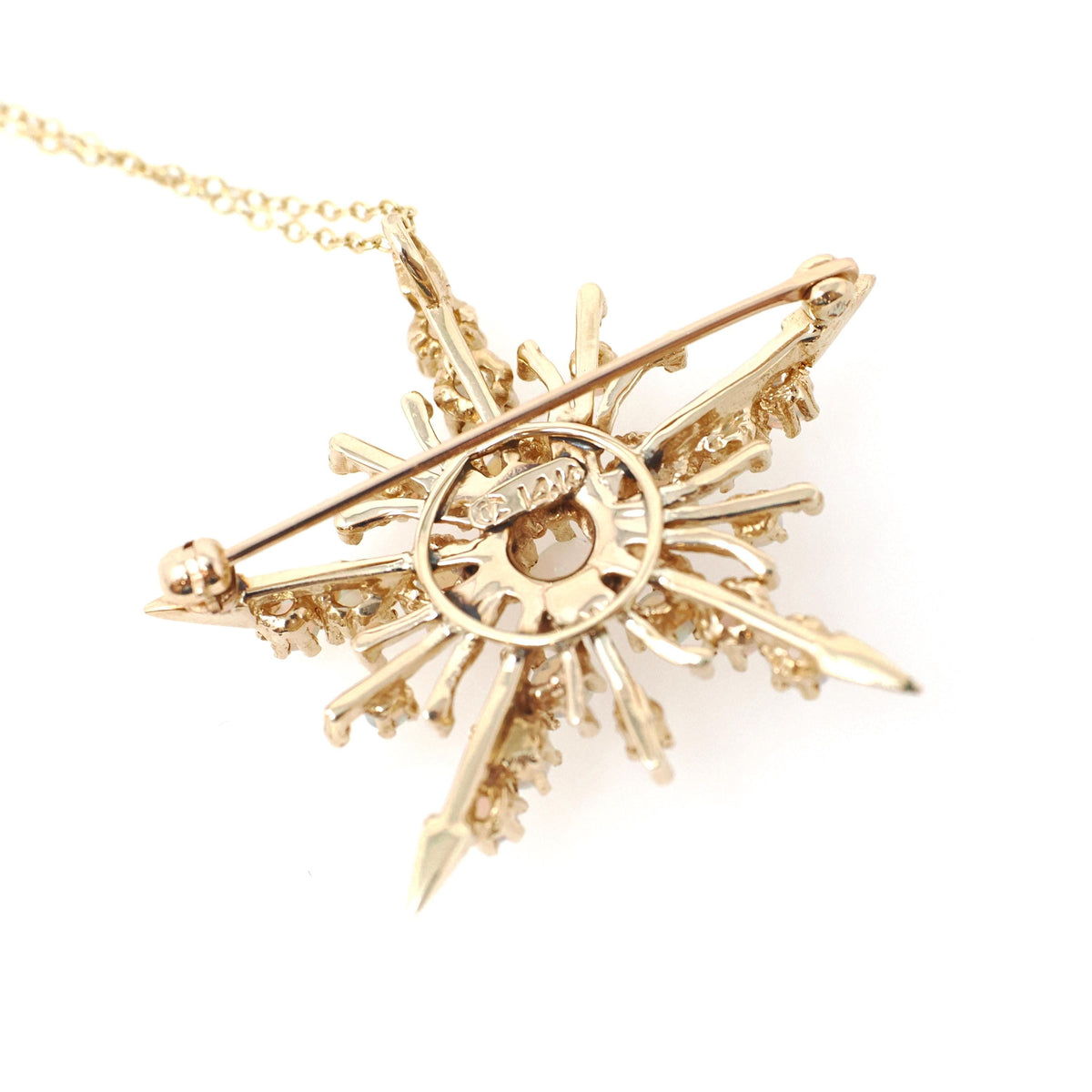 Vintage Opal Necklace - Mid Century 14K Yellow Gold Natural Cabochon Cut Gems - Circa 1960s Era Snowflake Pendant Charm Fine Star Jewelry