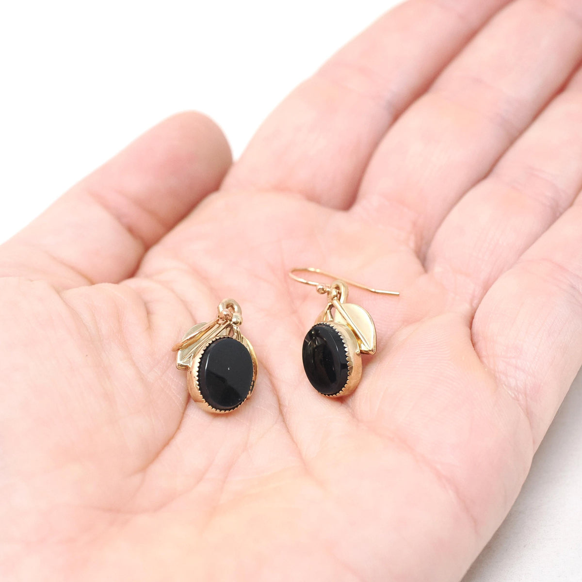 Vintage Onyx Earrings - Modernist 14k Gold Filled Black Chalcedony Gemstone Drops - Circa 1960s Era Nature Inspired Dangle Wire Back Jewelry