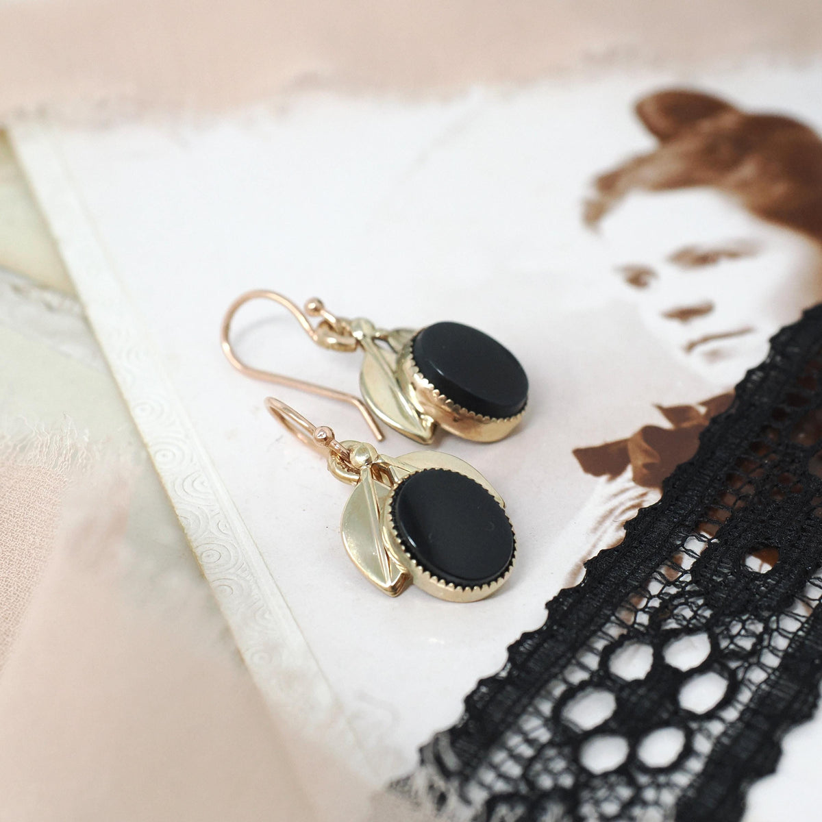 Vintage Onyx Earrings - Modernist 14k Gold Filled Black Chalcedony Gemstone Drops - Circa 1960s Era Nature Inspired Dangle Wire Back Jewelry