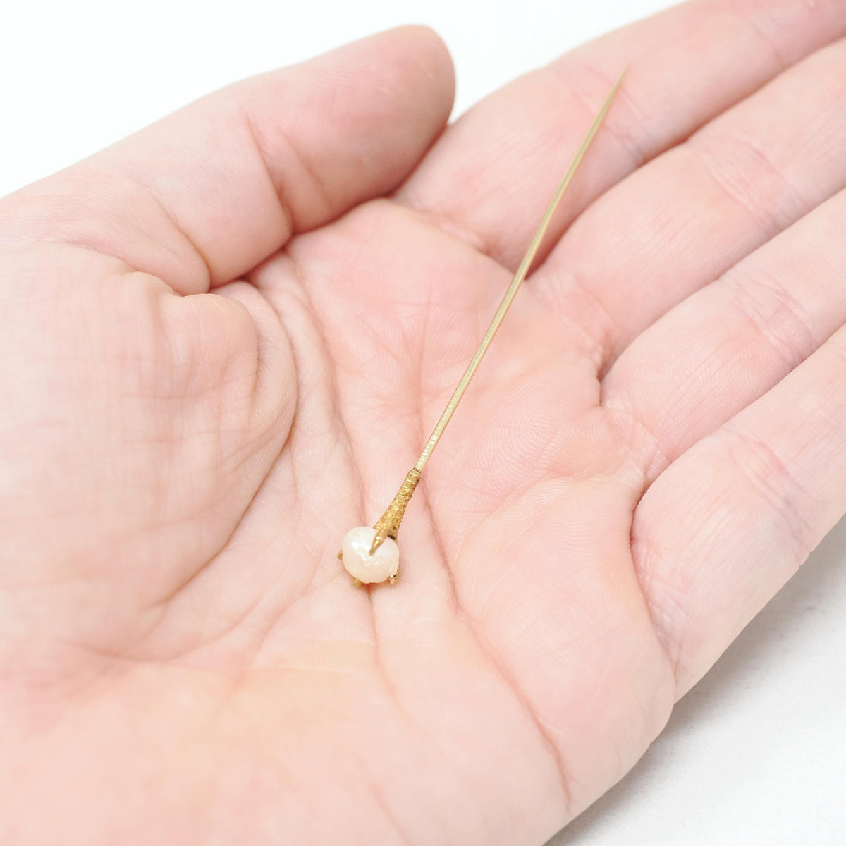 Antique Stick Pin - Victorian 14k Yellow Gold Fresh Water Pearl Fashion Accessory - Circa 1890s Bird Talon Claw Fine Lapel Accessory Jewelry