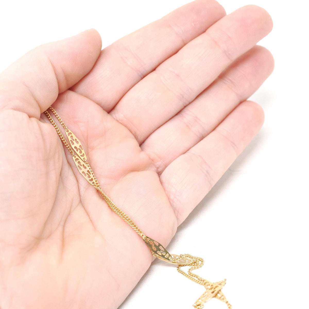 Vintage Station Necklace - Modernist 14k Yellow Gold Filigree Panels Curb Link Chain - Circa 1970s Era 19.5 Inches Spring Ring Fine Jewelry
