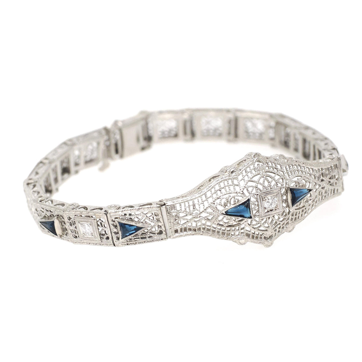 Art Deco Bracelet - Vintage 10k White Gold Natural Diamonds Blue Glass Filigree Links - Vintage Circa 1930s Simulated Sapphire Fine Jewelry