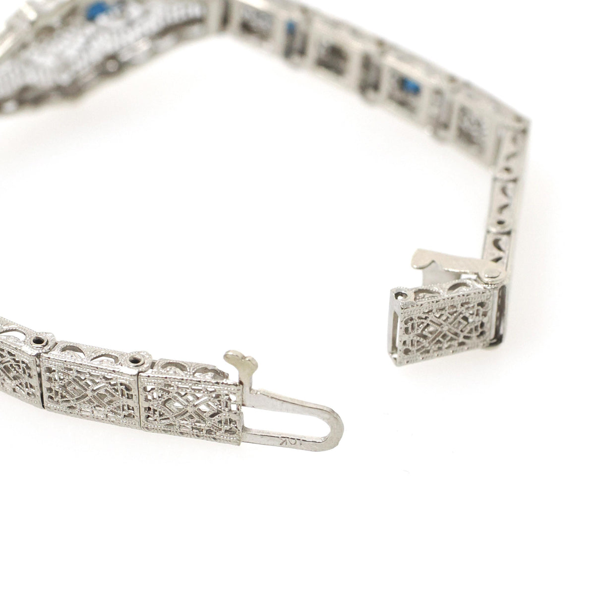 Art Deco Bracelet - Vintage 10k White Gold Natural Diamonds Blue Glass Filigree Links - Vintage Circa 1930s Simulated Sapphire Fine Jewelry