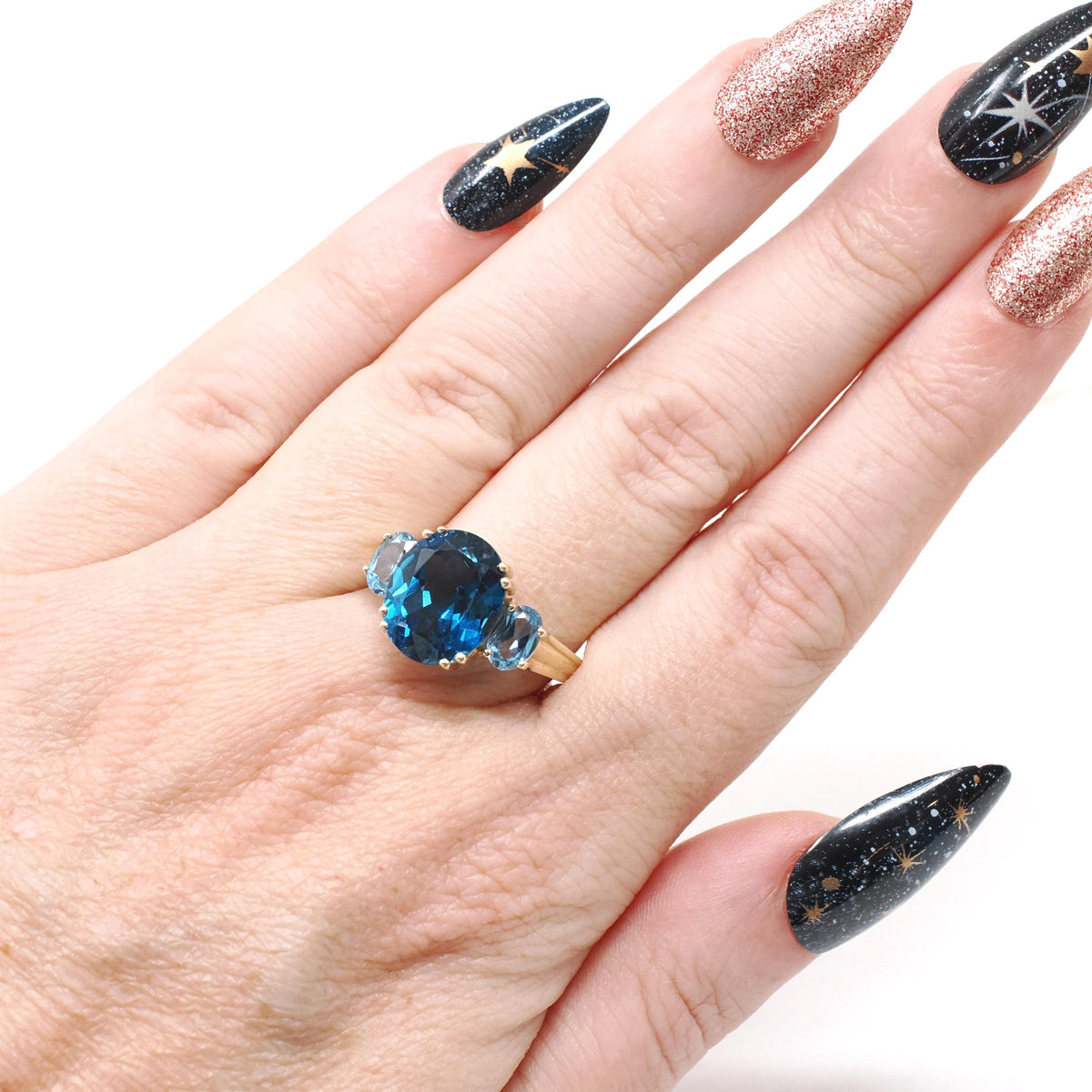 Blue Topaz Ring - Contemporary 10k Yellow Gold Three Gemstone Band - Circa 2000s Era Size 8 1/2 Fine London Blue December Birthstone Jewelry