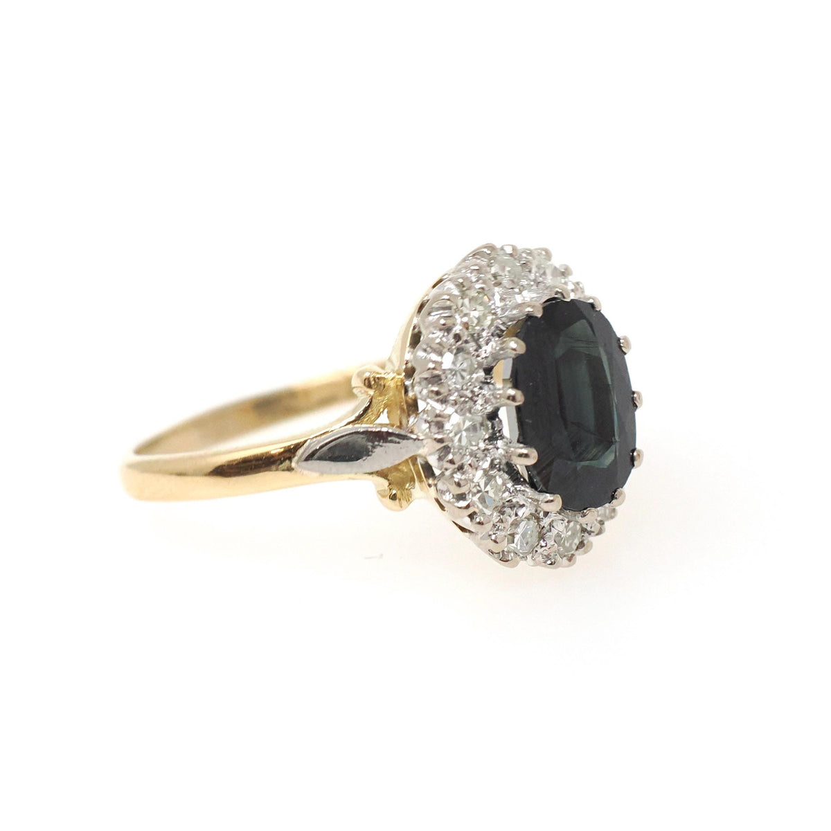 Green Sapphire Engagement Ring - Modernist 1970s 18k Yellow & White Gold Green Sapphire Gemstone .30 CTW Diamonds - Size 7 Halo Fine Jewelry