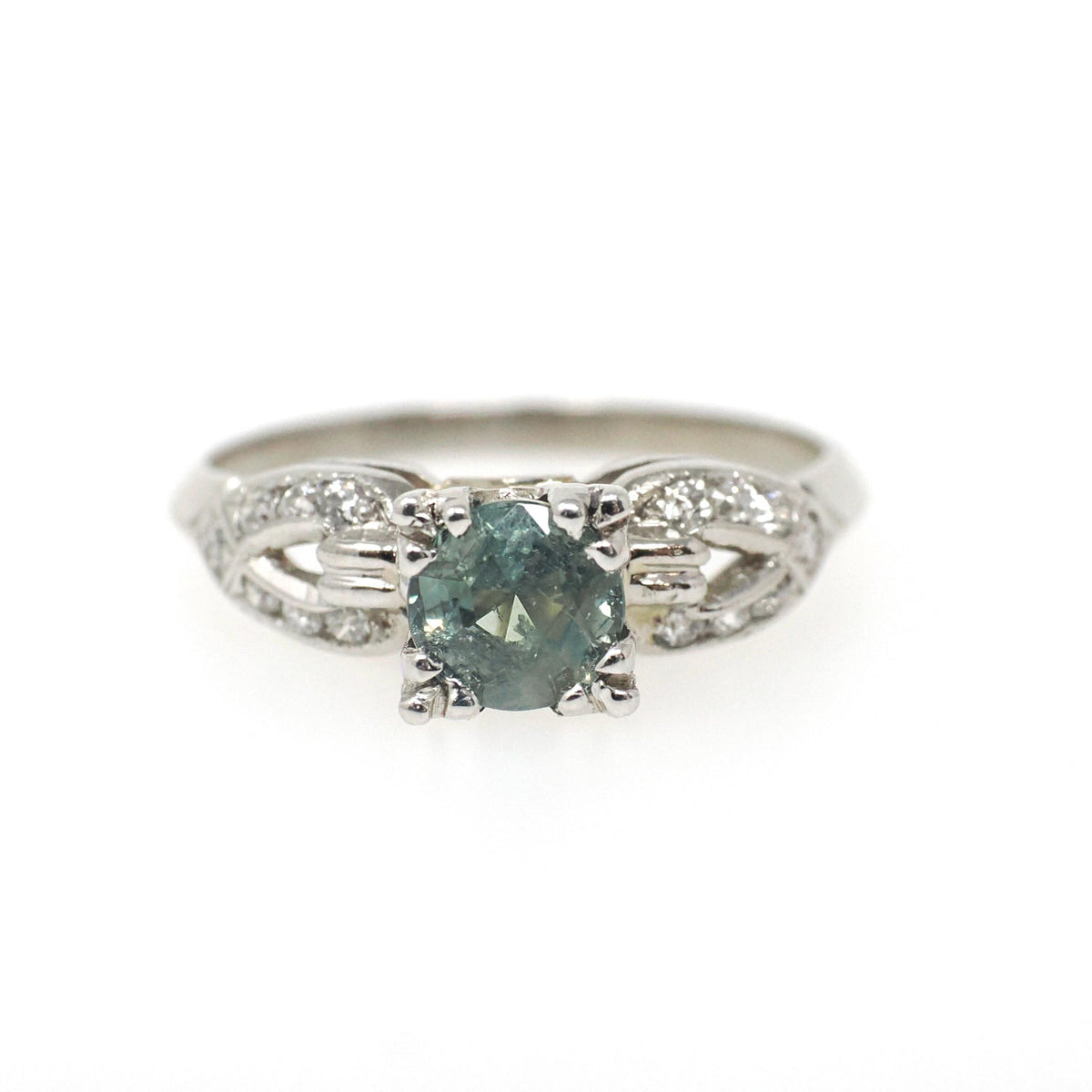 Mint Chrysoberyl & Diamond Ring - Mid Century Platinum Alternative Engagement Natural Green Gemstone - Vintage 1950s Size 5 1/2 Fine Jewelry