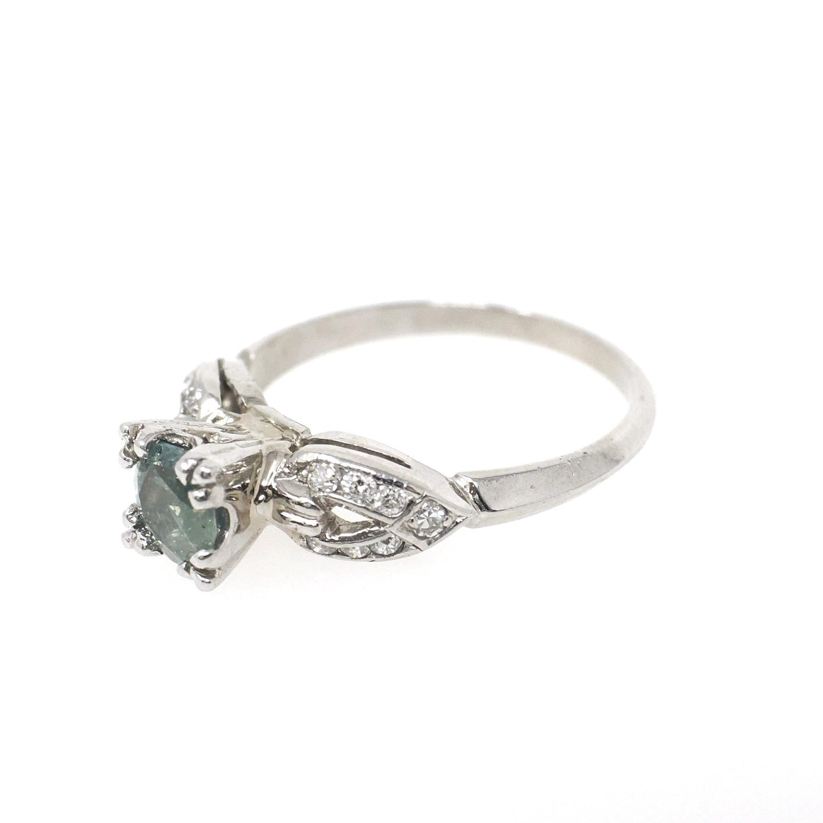 Mint Chrysoberyl & Diamond Ring - Mid Century Platinum Alternative Engagement Natural Green Gemstone - Vintage 1950s Size 5 1/2 Fine Jewelry