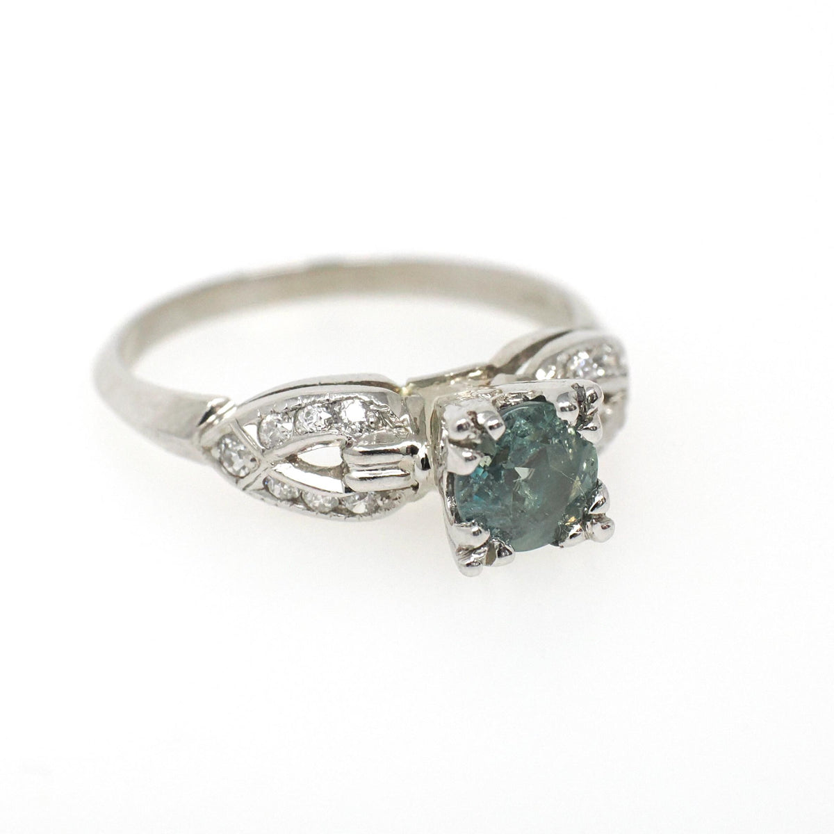 Mint Chrysoberyl & Diamond Ring - Mid Century Platinum Alternative Engagement Natural Green Gemstone - Vintage 1950s Size 5 1/2 Fine Jewelry