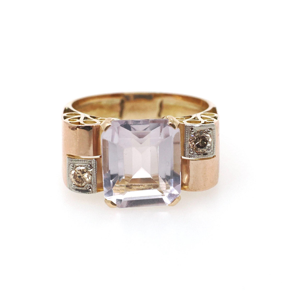 Amethyst Cocktail Ring - Retro 14k Rosy Gold Natural Emerald Cut Light Purple Gem - Circa 1940s Size 8 3/4 Fine February Birthstone Jewelry
