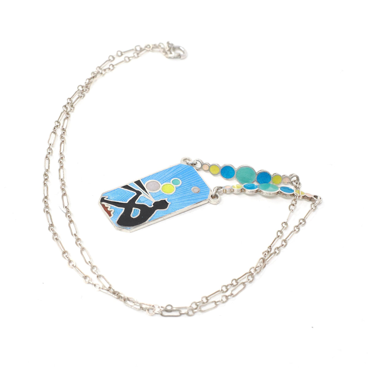 Vintage Enamel Necklace - Sterling Silver Blue Pink Enamel Bubble Blowing Pan - Late Art Deco 1940s Era Eisenberg Guilloche Fashion Jewelry