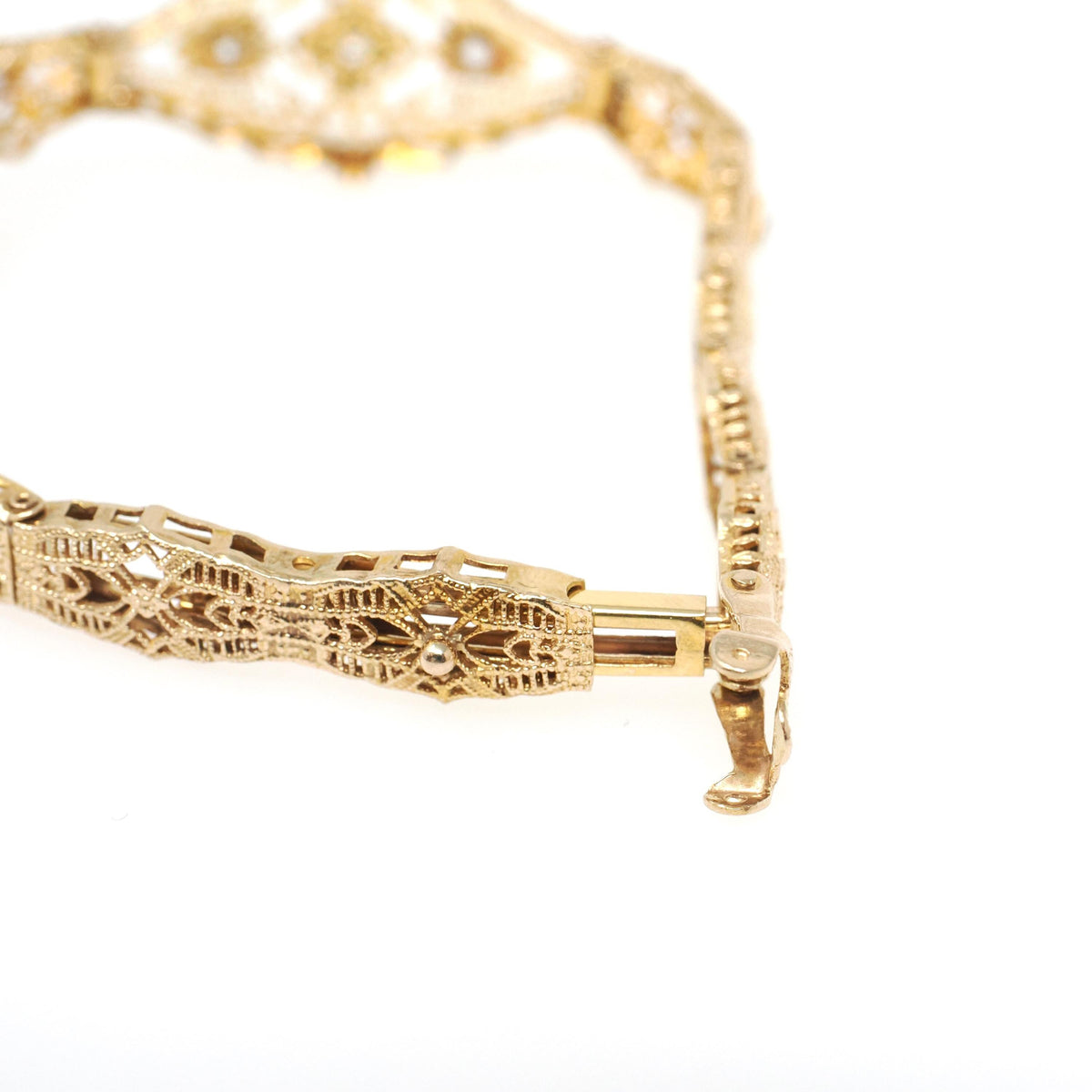 Art Deco Bracelet - Vintage 10k Yellow Gold Filigree Diamond Die Struck Filigree Statement - Circa 1930s Era Wedding Two Tone Fine Jewelry