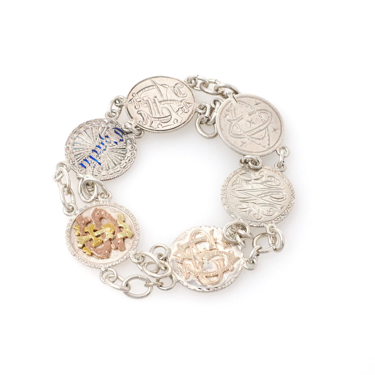 Love Token Bracelet - Antique Victorian Era Silver Personalized Coin Links - Circa 1880s Era 8 Inch Name & Initials Keepsake Fashion Jewelry