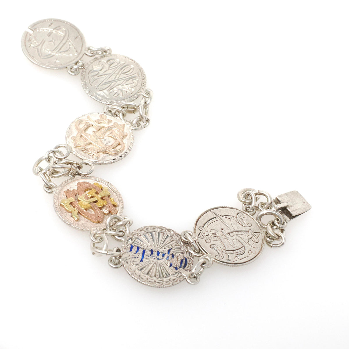 Love Token Bracelet - Antique Victorian Era Silver Personalized Coin Links - Circa 1880s Era 8 Inch Name & Initials Keepsake Fashion Jewelry