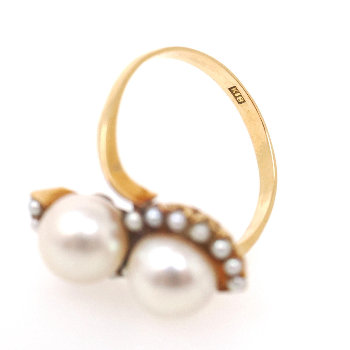 Vintage Pearl Ring - Mid Century Era 18k Yellow Gold Toi Et Moi Crescent Statement Bypass - Circa 1960 Size 8 June Birthstone Fine Jewelry