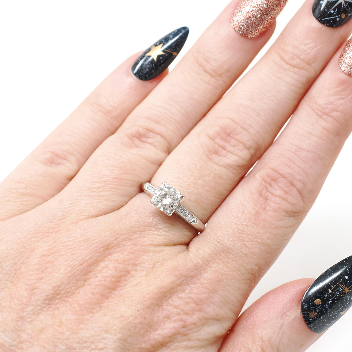Vintage Engagement Ring - Platinum .76 CTW Natural Transitional Brilliant Cut Diamond - Mid Century Era 1950s Size 5.25 Fine Bridal Jewelry