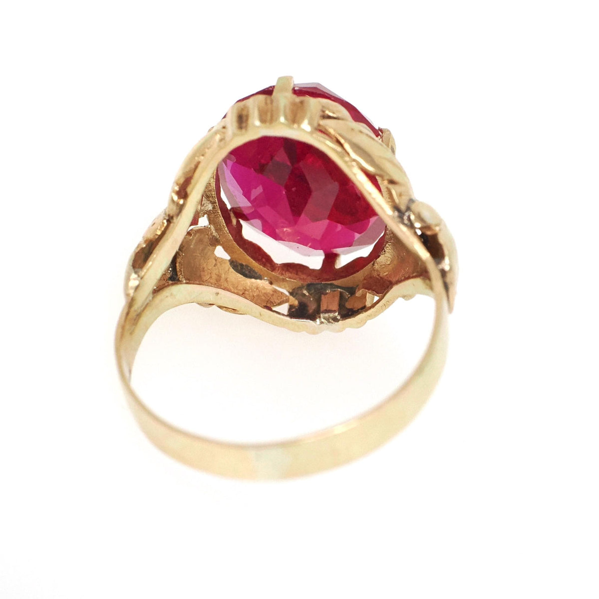 Created Ruby Ring - Mid Century 18k Yellow Gold Red Oval Faceted 5.42 CT Gemstone - Vintage Circa 1960s Size 6 July Birthstone Fine Jewelry