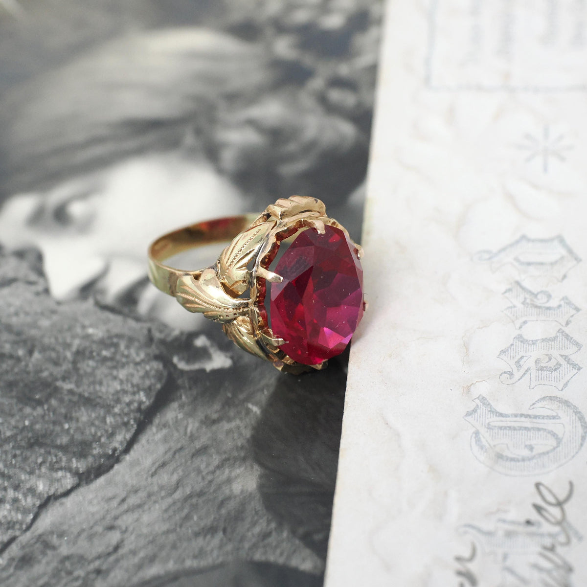 Created Ruby Ring - Mid Century 18k Yellow Gold Red Oval Faceted 5.42 CT Gemstone - Vintage Circa 1960s Size 6 July Birthstone Fine Jewelry