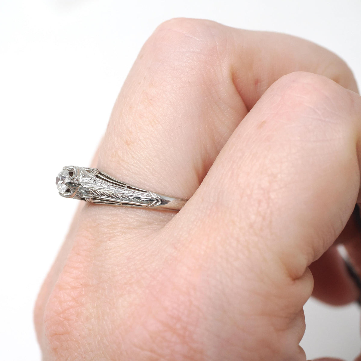 Vintage Engagement Ring - Art Deco 18k White Gold Natural .21 CT Diamond - Circa 1930s Era Size 7 Wheat Design Fine Bridal Statement Jewelry