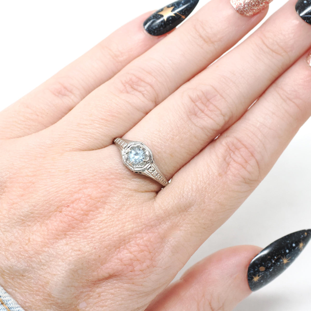Topaz Filigree Ring - Antique Art Deco 18k White Gold Natural .70 Natural Blue Gem - Circa 1920s Size 7 1/2 December Birthstone Fine Jewelry