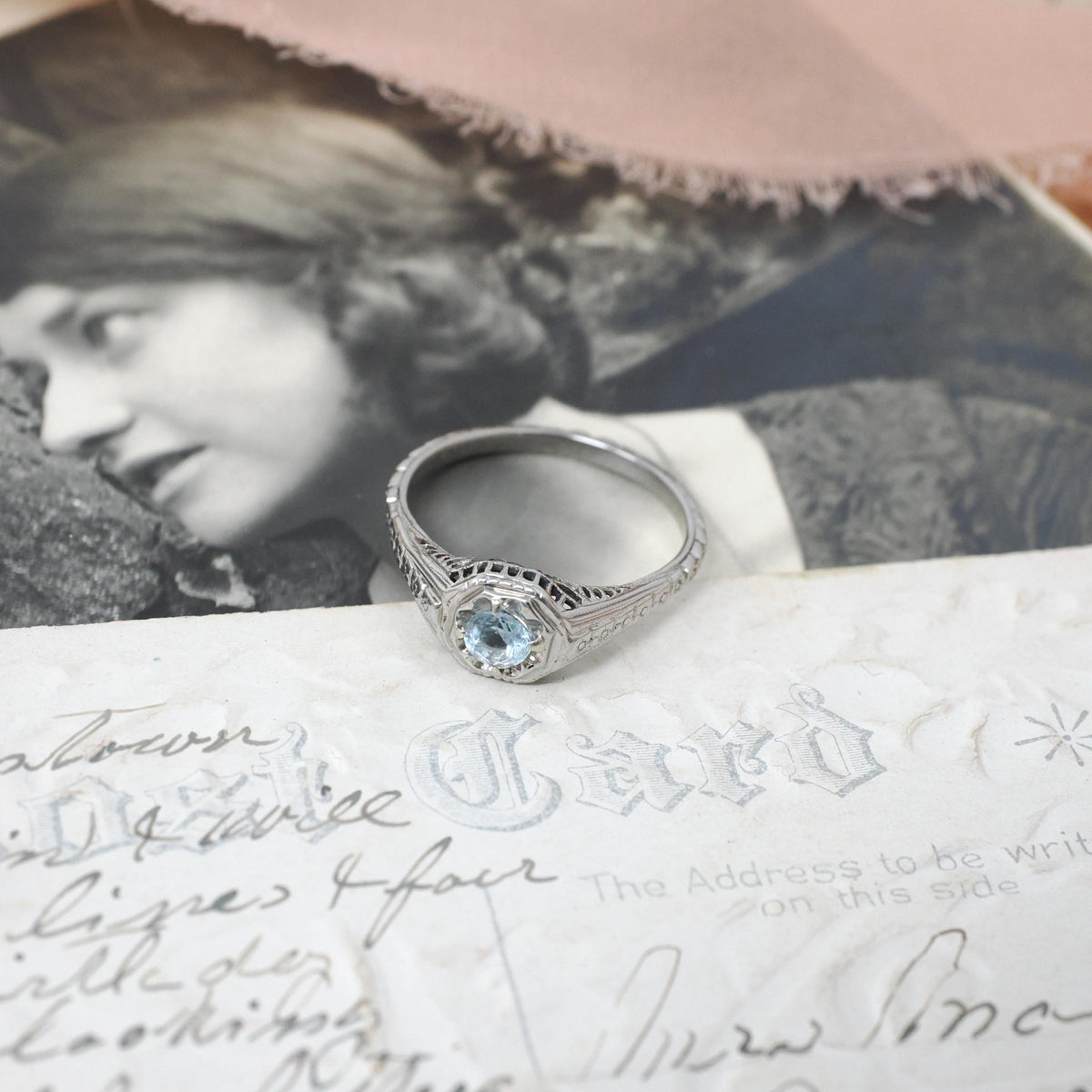 Topaz Filigree Ring - Antique Art Deco 18k White Gold Natural .70 Natural Blue Gem - Circa 1920s Size 7 1/2 December Birthstone Fine Jewelry
